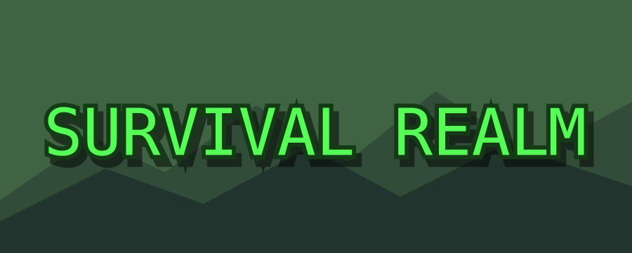 Survival Realm rendered as green Minecraft-style pixel text on a dark landscape background